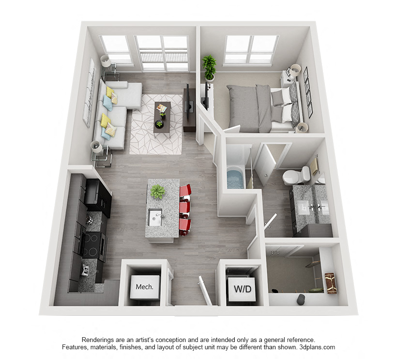Floor plan for 1 bed, 1 bath, 675 sqft